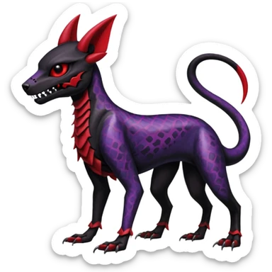 Gothic Black red purple Scaley Exotic Salandit-Umbreon-Houndoom-Fakémon-hybrid-creature (full body), 4 legs, skull face mask sticker