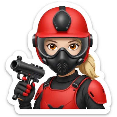 girl playing paintball with red paintball gear and only face sticker