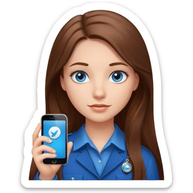 A girl with blue eyes and long brown hair with an iPhone and a telegram badge sticker
