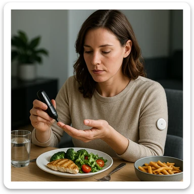 a hyper realistic scene of a woman checking her blood glucose level at every meal, sitting at a modern table with food, realistic details, focus on the gesture of glucose monitoring, modern atmosphere sticker
