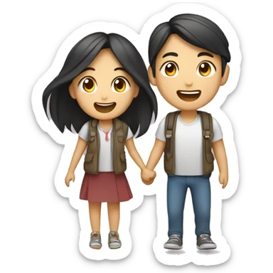 Cute Asian couple (girl with long hair) excitedly traveling  sticker