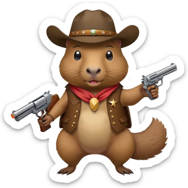 Capybara with a gun and a cowboy hat sticker