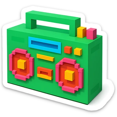 A boombox in voxel style, front view, green color sticker