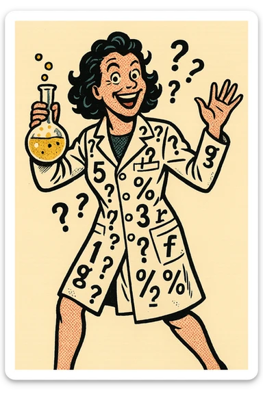 The full body of A happy crazy female scientist with numbers, question marks and letters printed all over their white coat sticker