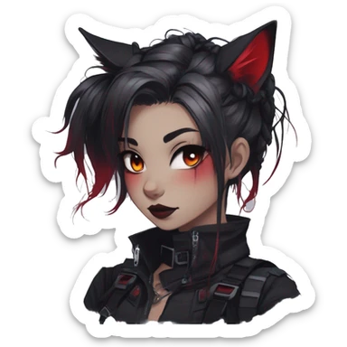 Gorgeous gothic dark techwear anime style anthro cat with blushing face aesthetic and pretty edgy black red punk messy ponytail hair with collar and harness trending style sticker