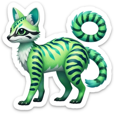 Rare realistic iridescent neon lime-green & cyan white gradients lush tropical exotic cute epic pretty beautiful handsome gorgeous aesthetic colorful vibrant Vernid-Protogen-Primagen-Wickerbeast-Genet-Trico-species-Fakemon-hybrid-creature by LiLaiRa, beautiful intricate markings, full body sticker