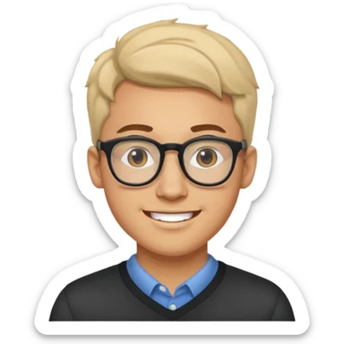 a man in his early 20s wearing glasses for a tech company, his job is marketer, extroverted sticker