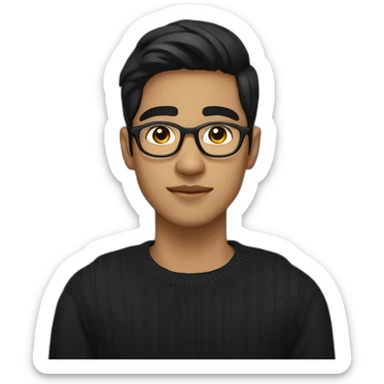 a light skin Pakistani teenager, wearing round glasses, short moustache, black straight hair, black jumper/sweater, structured manly face sticker