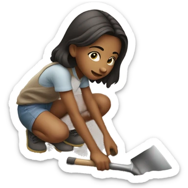 young girl kneeling in the dirt with a shovel in hand sticker
