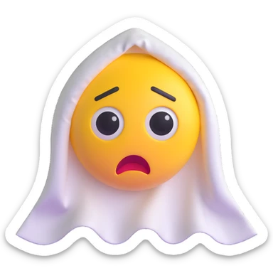 yellow emoji dressed as a ghost with exaggerated scared expression, white sheet with eye holes sticker