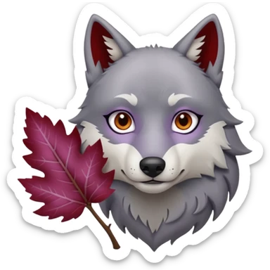 A wolf with lilac gray eyes and holding a weirwood leaf sticker
