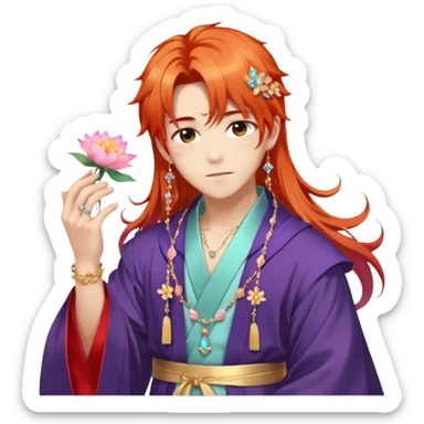 Beautiful gorgeous blushing Korean-Japanese-youthful elegant handsome anime guy with beautiful fiery-special-medium-long-hair, fashion aesthetic, ethereal, fairycore, pastelcore, flower petals, crystals, layered robes, accessories, jewelries, gold, colorful, shiny, trending style, outside sticker