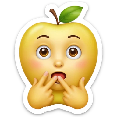 yellow apple style emoji with surprised expression saying 'me?', finger on chest, very direct pose, clean white background sticker