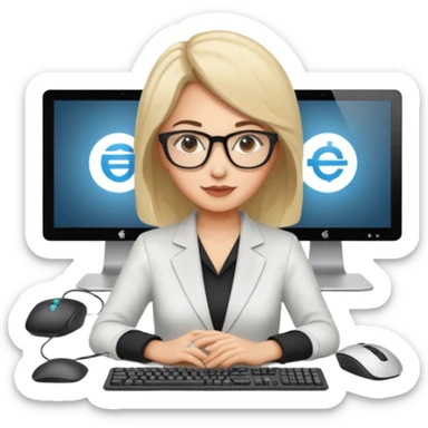 a woman developer in a meeting on a table, with others developers, in the background a mainframe computer sticker