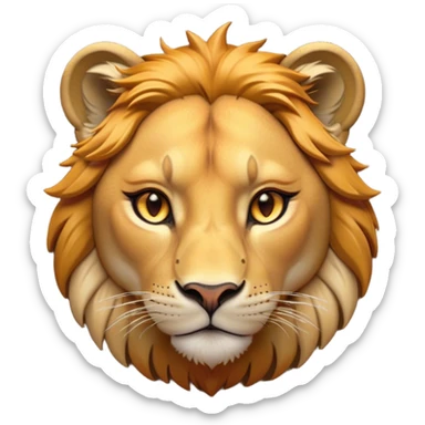 Cinematic Noble Lioness Portrait Emoji, Poised and regal, with a graceful, athletic build and a sleek, tawny Fur, piercing soulful amber eyes, Simplified yet sharp and sophisticated features, highly detailed, glowing with a warm, dignified glow, high shine, intelligent and fierce, stylized with an air of wild elegance, focused and attentive, soft glowing outline, capturing the essence of a watchful and confident lioness, so majestic it feels as though it could silently prowl out of the screen with effortless authority! sticker