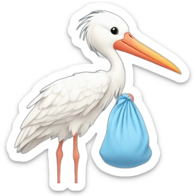 White stork carrying a blue bundle of cloth in its beak that has a human baby with and the human baby head is peeking from the fabric bundle the strok is carrying with its beak sticker