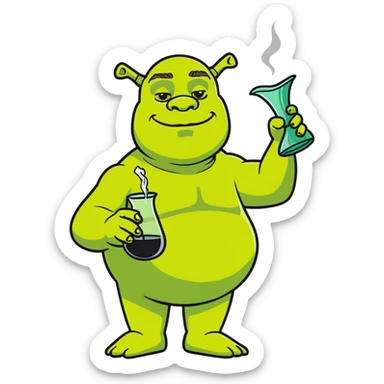 Shrek drinking from a smoking vase, hemp leaves in background sticker