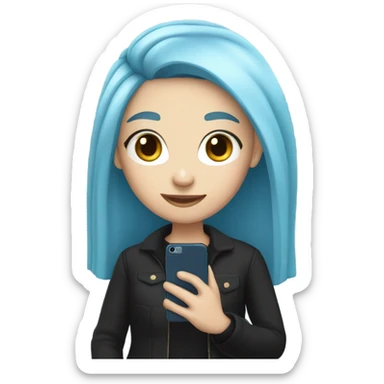 white skin girl with long blue hair in black clothes holding a phone sticker