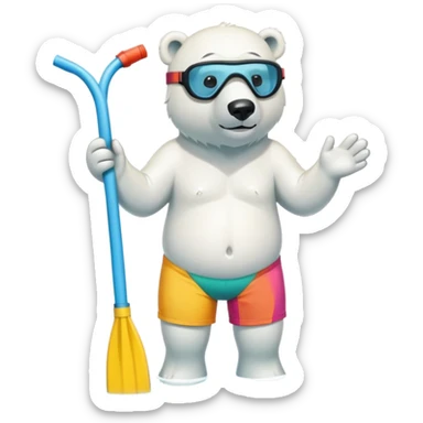 friendly anthropomorphised polar bear standing in a small puddle, wearing colorful board shorts, scuba mask over eyes, snorkel tube attached sticker