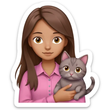 girl with long brown hair and brown eyes wearing a pink shirt holding a gray cat sticker