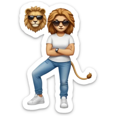 female lion character, full body, standing with arms crossed, wearing jeans, white t-shirt, trainers, dark sunglasses, strong and determined look sticker
