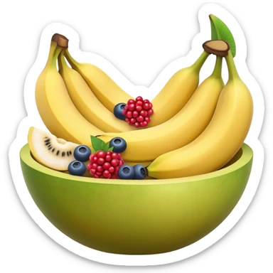 Fresh fruit bowl with berries, banana, and melon sticker