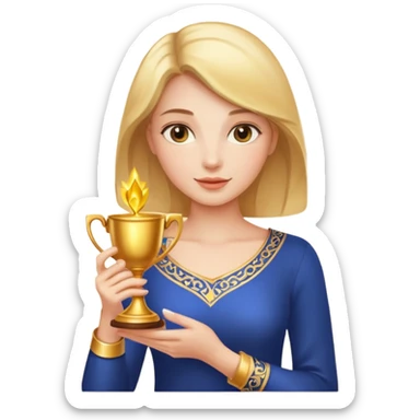 A woman holds a golden cup in her hands. There is a glow around the girl. sticker