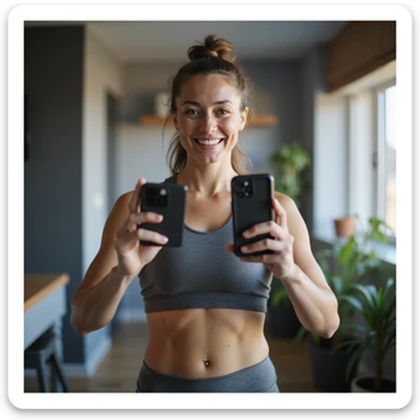 sporty woman in technical clothing, front pose with smile, recording video check for coach with smartphone, modern and tidy home environment, hyperrealistic details, 4K sticker