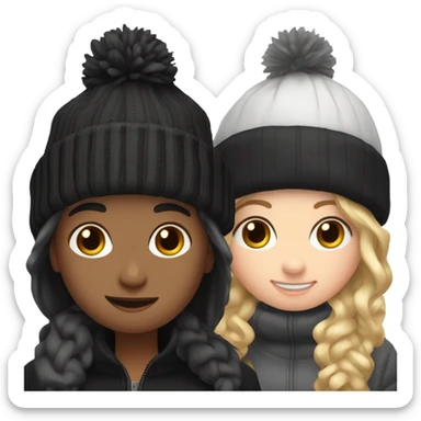 2 best friend, one of them is brown and blonde wavy hair in black winter cap, and the othet one is black straight hair with black winter cap sticker