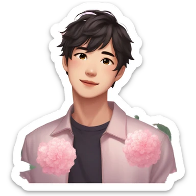 Gorgeous bright sparkly romantic Asian anime style guy with blushing face and flowers aesthetic trending style outside sticker