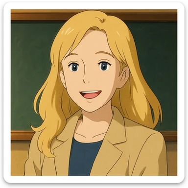 profesora rubia de pelo largo, piel clara, estilo ghibli, sonriendo sticker