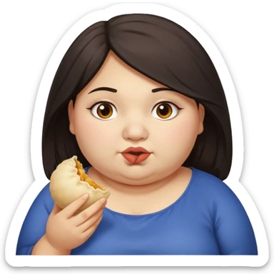 Can you create an emoji of a half Indian - half white 23 year old girl with dark brown mid length hair and brown eyes who is super obese and eating a dumpling sticker