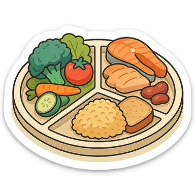 Harvard plate, isometric view, large sectors: 50% vegetables, 25% proteins, 25% complex carbohydrates, foods drawn realistically, very detailed drawing, shadows and highlights, clean contours, soft lighting, transparent background sticker