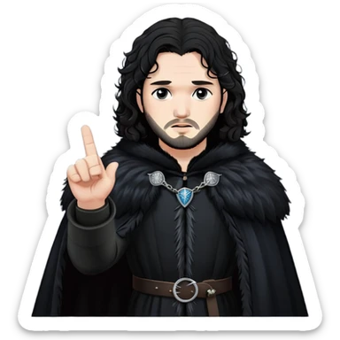 Jon Snow from Game of Thrones, dressed in black fur cloak, with long curly hair and a serious expression, raising his middle finger. sticker