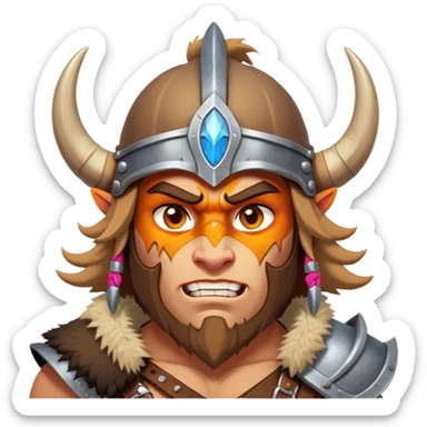 Clash of Clans aesthetic: Cinematic Fierce Barbarian Portrait Emoji, Poised and bold with a rugged yet cartoonish build in tattered furs and a horned helmet, his exposed skin a rich tan, expressive bright eyes and a confident smirk, Simplified yet dynamic features, highly detailed, glowing with a vivid, adventurous aura, high shine, heroic and spirited, stylized with an air of medieval warrior charm, focused and energetic, soft glowing outline, capturing the essence of a fearless barbarian adventurer ready to lead his clan with spirited valor! sticker
