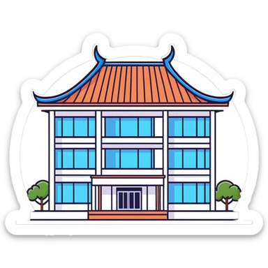 Bangkok hospital with traditional Thai roof details and modern medical facility sticker