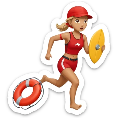 Female lifeguard – red cap, running along shore with rescue buoy sticker