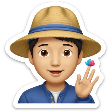 asian man in asian hat blowing a liss sticker