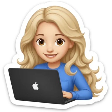 Cute female developer style sitting in front of laptop. No glasses, smiling with long hair waves. Light skin tone in early 20s. One black hair laptop sticker