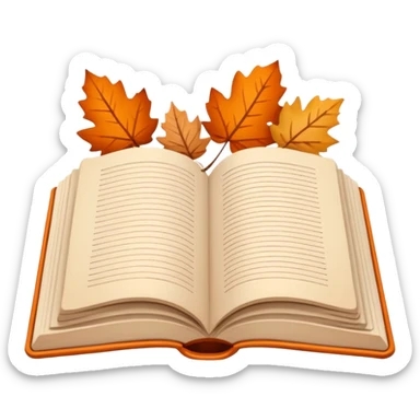 Minimal flat emoji of an open book with autumn leaves around it, cozy fall theme, simple line art, neutral beige background, black outlines, subtle orange and brown accents, clean modern style inspired by Notion graphics, symbolizing a Fall Reading Challenge. sticker