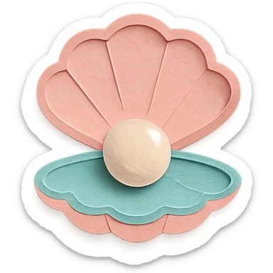 illustration of a clam shell open with a shiny pearl inside, soft pastel colors, paper-craft style sticker
