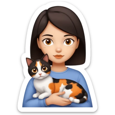 Girl with dark brown eyes and really dark brown short hair without bangs holding a 3 colored calico cat,(black, white and orange) sticker