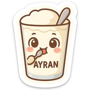 Ayran bardağı, ağzında kaşıkla yemek yiyormuş gibi, karikatürize edilmiş, cute chibi sticker style sticker
