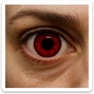 realistic eye with a blood-red iris and an oversized black pupil, intense look, plain background sticker