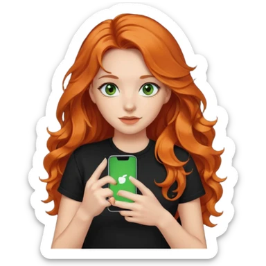 Girl with dark long orange wavy hair, green eyes, and black t-shirt with tiktok on hand sticker