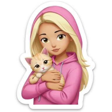 pretty woman wear pink hoodie and her hair is black..hugs a blonde kitten  sticker