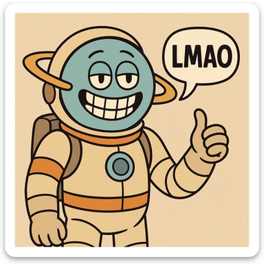 Uranus in a spacesuit, with a big grin and a comic speech bubble saying 'LMAO', cartoon style sticker