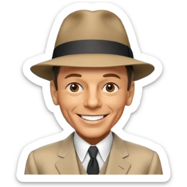 Frank Sinatra with the hat on, smiling and showing data analytics on a screen in the background sticker