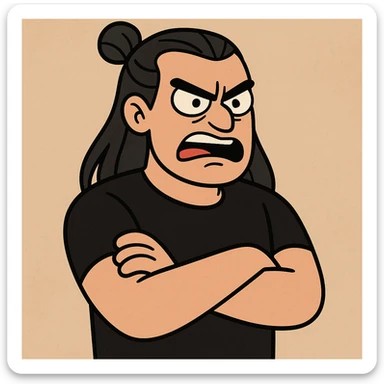 cartoon style angry man with long black hair tied in a bun, arms crossed, wearing black clothes sticker