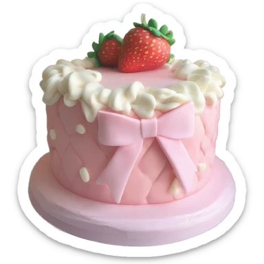 Light Pink strawberries and cream birthday cake with in bow sticker